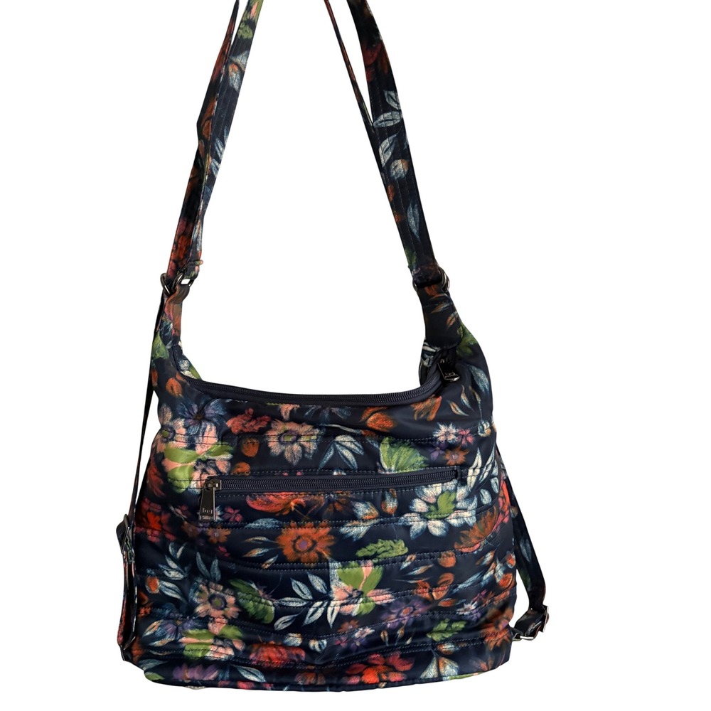 Lug Zipliner Dark Floral Crossbody Bag Travel Organizer Multi Pocket Boho Purse